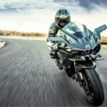 A motorcycle rounding a corner