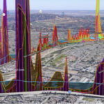 A graph of data plastered on a landscape of a city