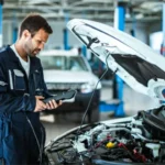 A person opening up the hood of a vehicle holding an onboard diagnostics (OBD) scanner