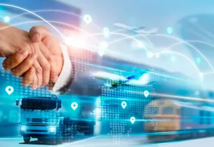 A picture of two people shaking hands against a backdrop of technology