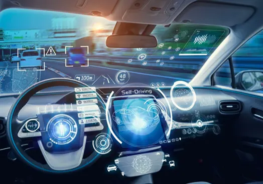 A dashboard of a vehicle with 3D images of graphics displayed everywhere