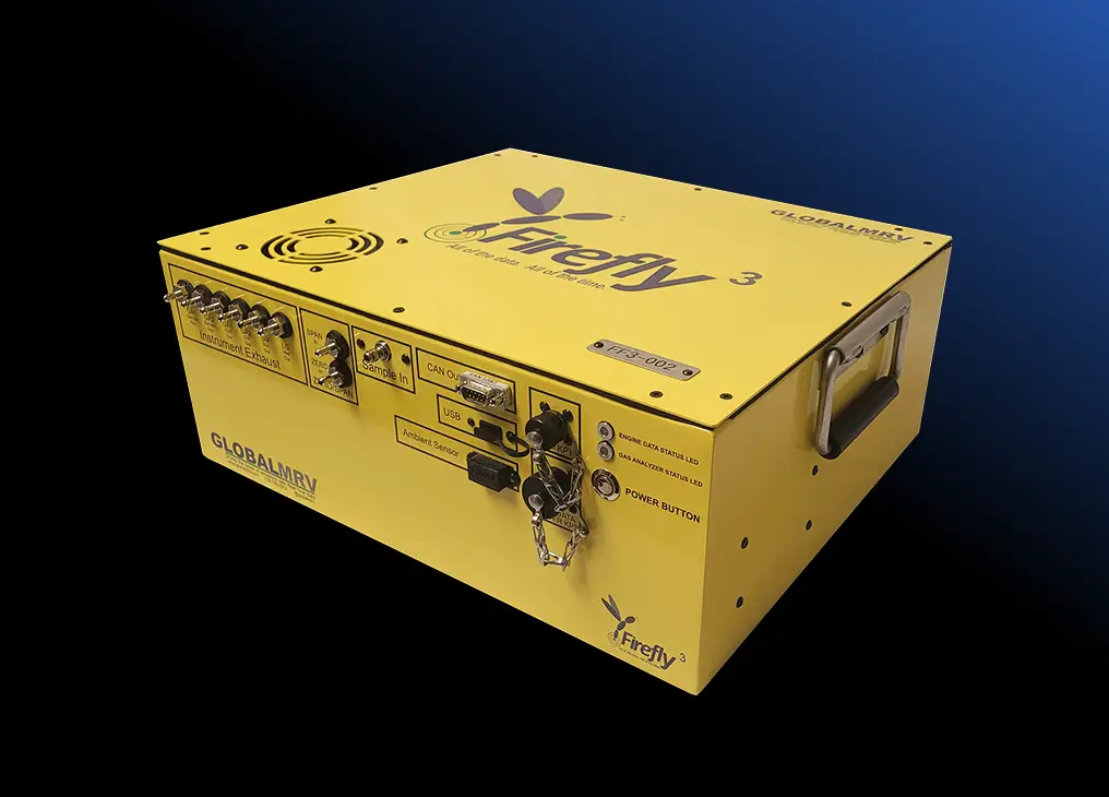 The Firefly 3 by GlobalMRV, a portable emissions analyzer designed to provide high-integrity data streams for AI, machine learning, and predictive analysis. The unit features integrated data pipelines and communication ports to transmit verified emissions measurements directly into internal analytical workflows.
