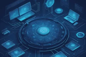 Digital interface with circular hub and computer screens representing AI and machine learning