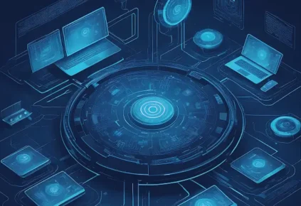 Digital interface with circular hub and computer screens representing AI and machine learning