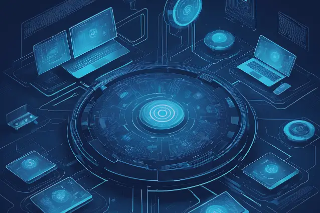 Digital interface with circular hub and computer screens representing AI and machine learning