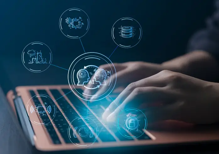 Person typing on laptop with floating AI icons representing machine learning concepts
